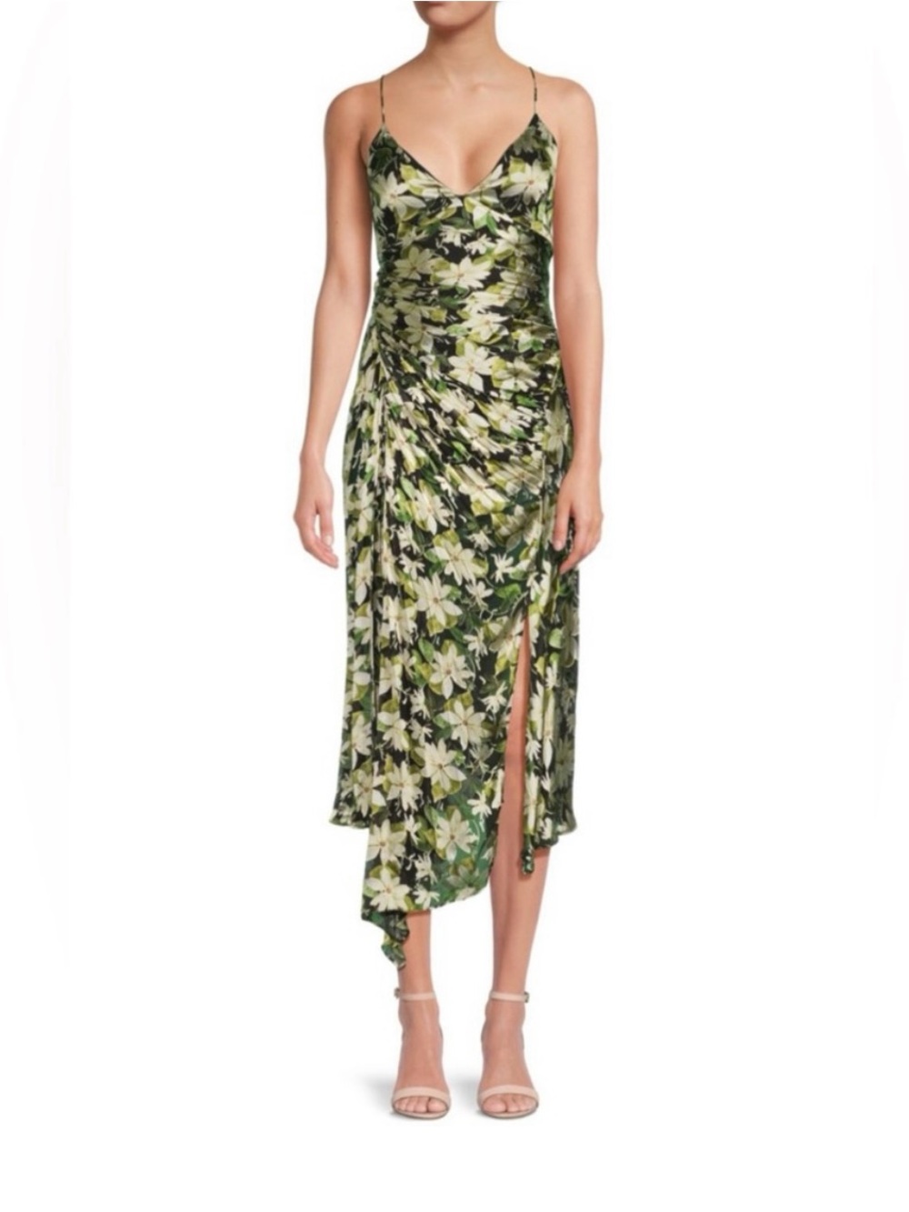 Alice + Olivia Green Floral Shawna Asymmetrical Slip Dress